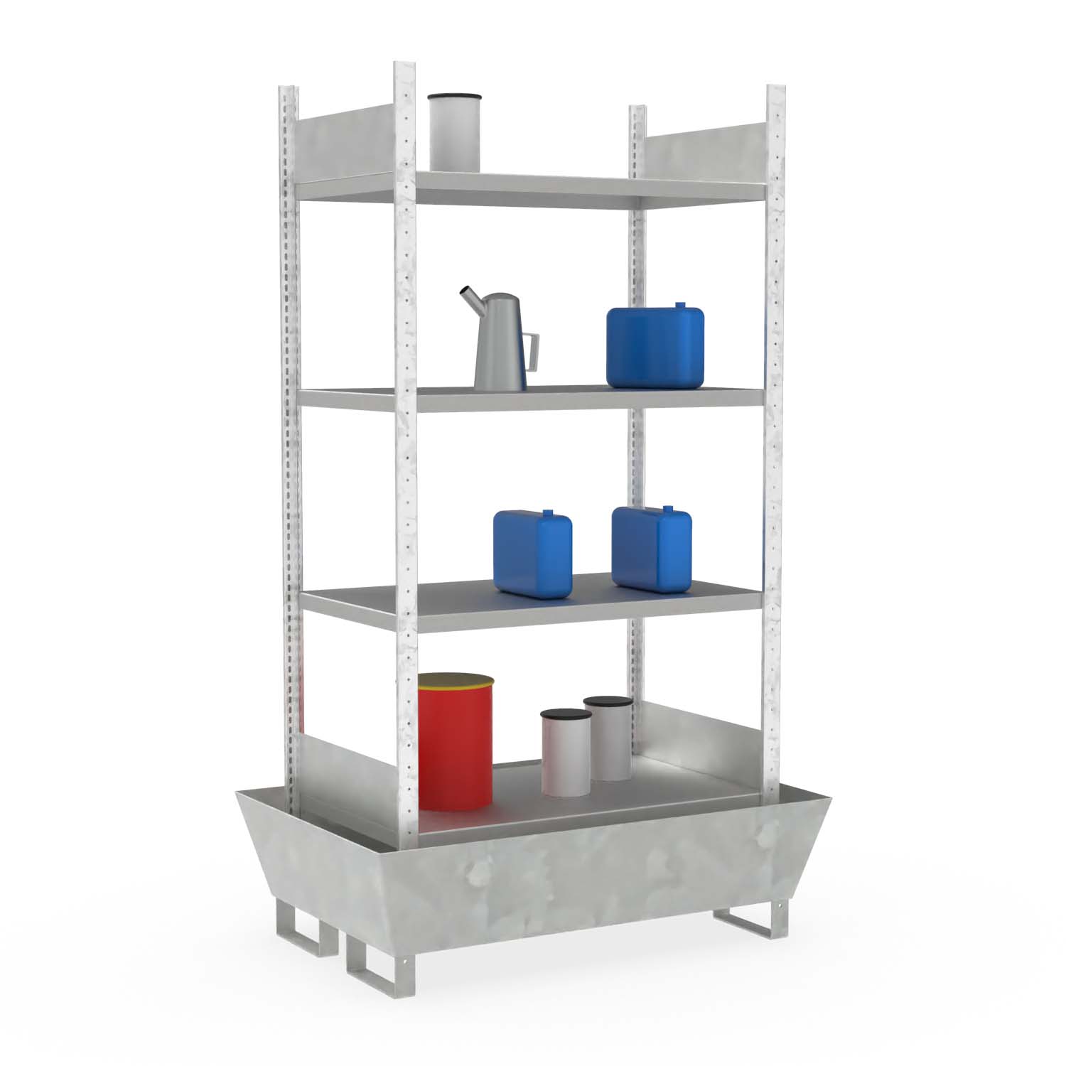 Kleingebinderegal, Grundeinheit, 4 x Fachboden, Auffangwanne aus Stahl, verzinkt, 205 l Kleingebinderegale Produktbild Kleingebinderegal, Grundeinheit, 4 x Fachboden, Auffangwanne aus Stahl, verzinkt, 205 l