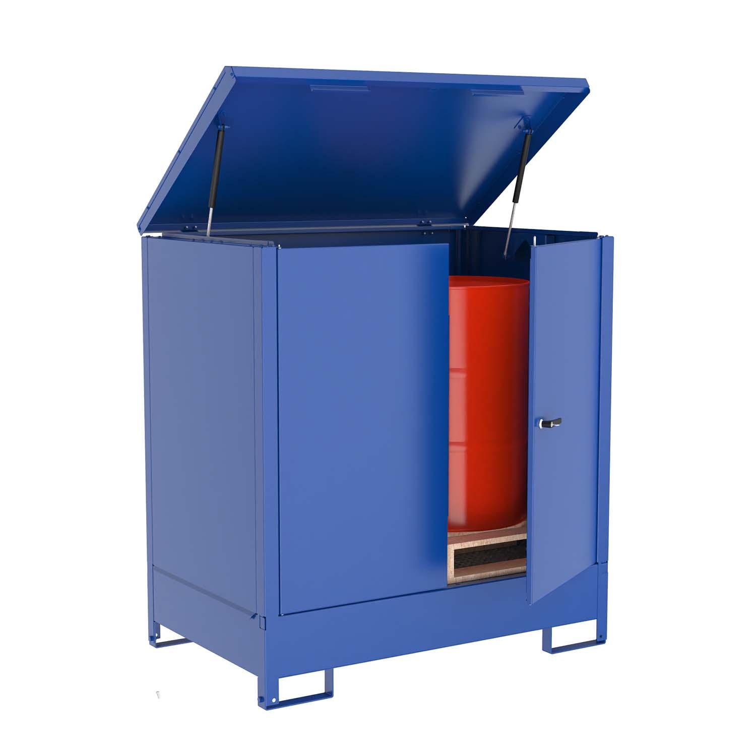 Gefahrstoffdepot Schrankcontainer SC/2 aus Stahl für 2 x 200 l Fässer, Auffangvolumen 220 l, aufklappbarer Deckel Gefahrstoffdepots aus Stahl Produktbild Gefahrstoffdepot Schrankcontainer aus Stahl für 2 x 200 l Fässer, Auffangvolumen 220 l, aufklappbarer Deckel