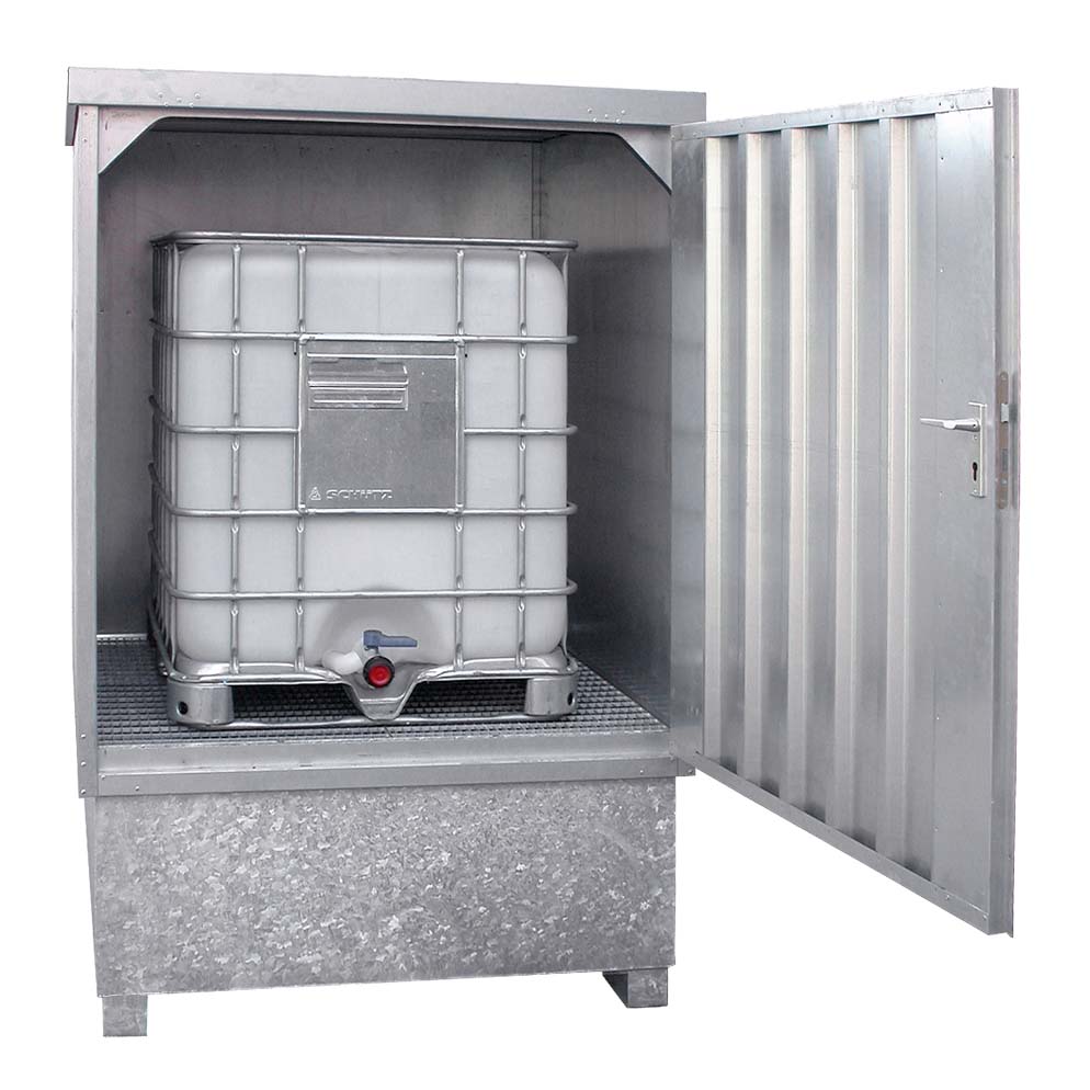 Sicherheitslagerhaus für 1 x 1000 l IBC, verzinkter Stahl, Auffangvolumen 1000 l, 1700x1700x2250mm Gefahrstoffcontainer Produktbild Sicherheitslagerhaus für 1 x 1000 l Fässer, verzinkter Stahl, Auffangvolumen 1000 l, 1700x1700x2250mm