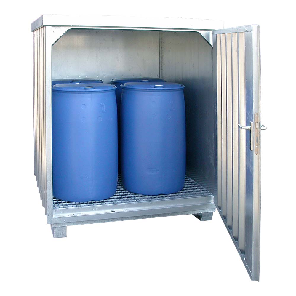 Sicherheitslagerhaus für 4 x 200 l Fässer, verzinkter Stahl, Auffangvolumen 220 l, 1700x1700x2015mm Gefahrstoffcontainer Produktbild Sicherheitslagerhaus für 2 x 200 l Fässer, verzinkter Stahl, Auffangvolumen 220 l, 1700x1300x2015mm