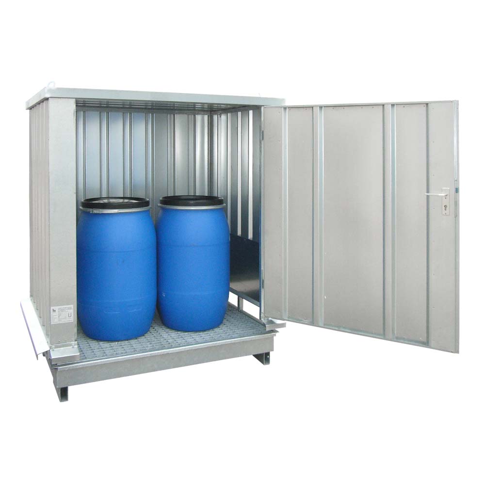 Sicherheitslagerhaus für 4 x 200 l Fässer, verzinkter Stahl, Auffangvolumen 220 l, 1700x1700x2160mm, natürlich belüftet Gefahrstoffcontainer Produktbild Sicherheitslagerhaus für 4 x 200 l Fässer, verzinkter Stahl, Auffangvolumen 220 l, 1700x1700x2160mm, natürlich belüftet