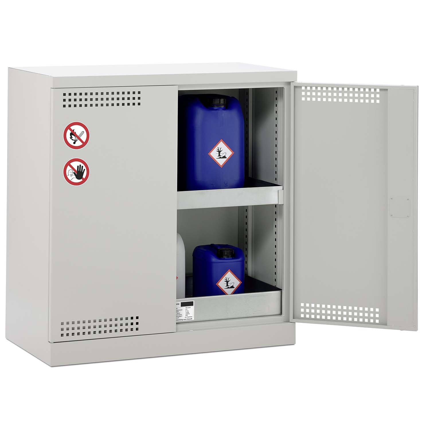 Umweltschrank aus Stahl mit Bodenauffangwanne 30 l und Regalwanne 20 l, 950 x 500 x 1000 mm Umweltschrank Produktbild Umweltschrank aus Stahl mit Bodenauffangwanne 30 l und Regalwanne 20 l, 950 x 500 x 1000 mm