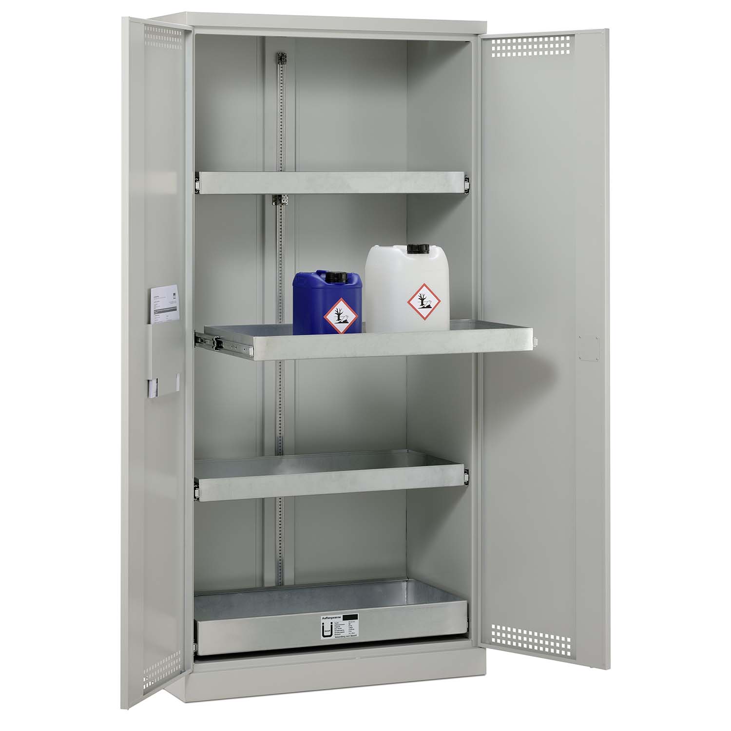 Umweltschrank aus Stahl mit Bodenauffangwanne 30 l und 3 x Regalwanne à 20 l als Vollauszug, 950 x 500 x 1950 mm Umweltschrank Produktbild Umweltschrank aus Stahl mit Bodenauffangwanne 30 l und 3 x Regalwanne à 20 l als Vollauszug, 950 x 500 x 1950 mm