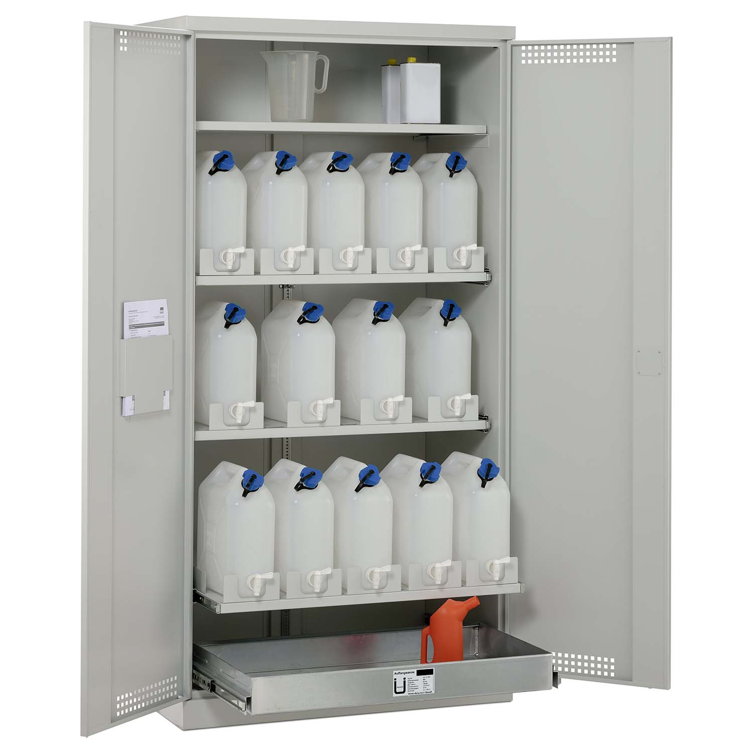 Umweltschrank aus Stahl mit Bodenauffangwanne 30 l, 1 Fachboden, 3 Kanisterebenen, 1000 x 550 x 1950 mm Umweltschrank Produktbild Umweltschrank aus Stahl mit Bodenauffangwanne 30 l, 1 Fachboden, 3 Kanisterebenen, 1000 x 550 x 1950 mm