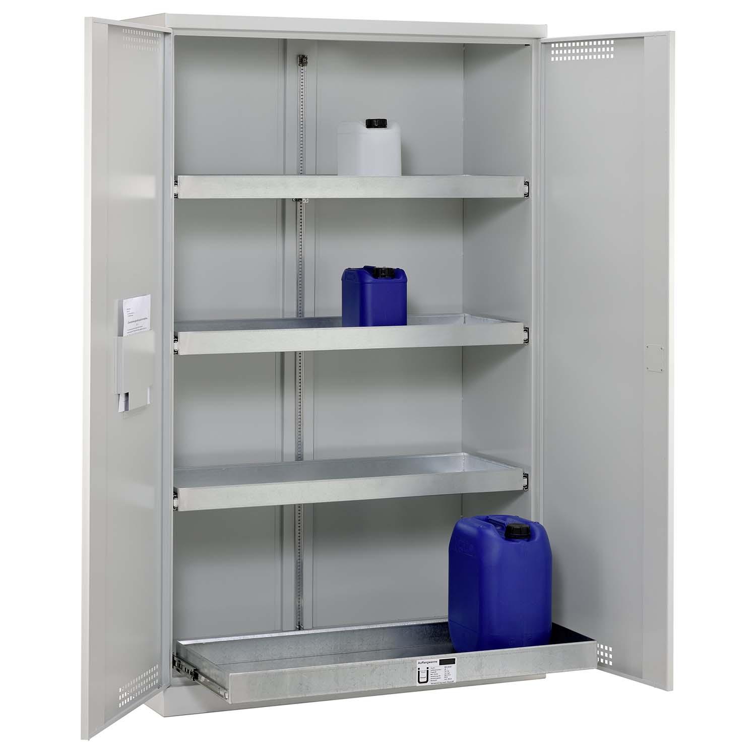 Umweltschrank aus Stahl mit Bodenauffangwanne 39 l und 3 x Regalwanne à 20 l als Vollauszug, 1200 x 500 x 1950 mm Umweltschrank Produktbild Umweltschrank aus Stahl mit Bodenauffangwanne 39 l und 3 x Regalwanne à 20 l als Vollauszug, 1200 x 500 x 1950 mm