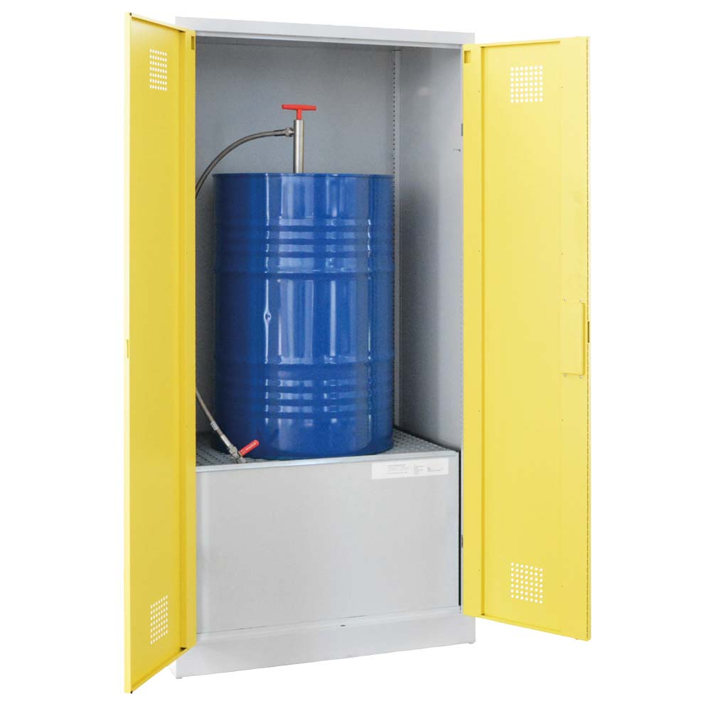 Umweltschrank aus Stahl für 1 x 200 l Fass, Auffangwanne 220 l, 950 x 645 x 1950 mm Umweltschrank Produktbild Umweltschrank aus Stahl für 1 x 200 l Fass, Auffangwanne 220 l, 950 x 645 x 1950 mm