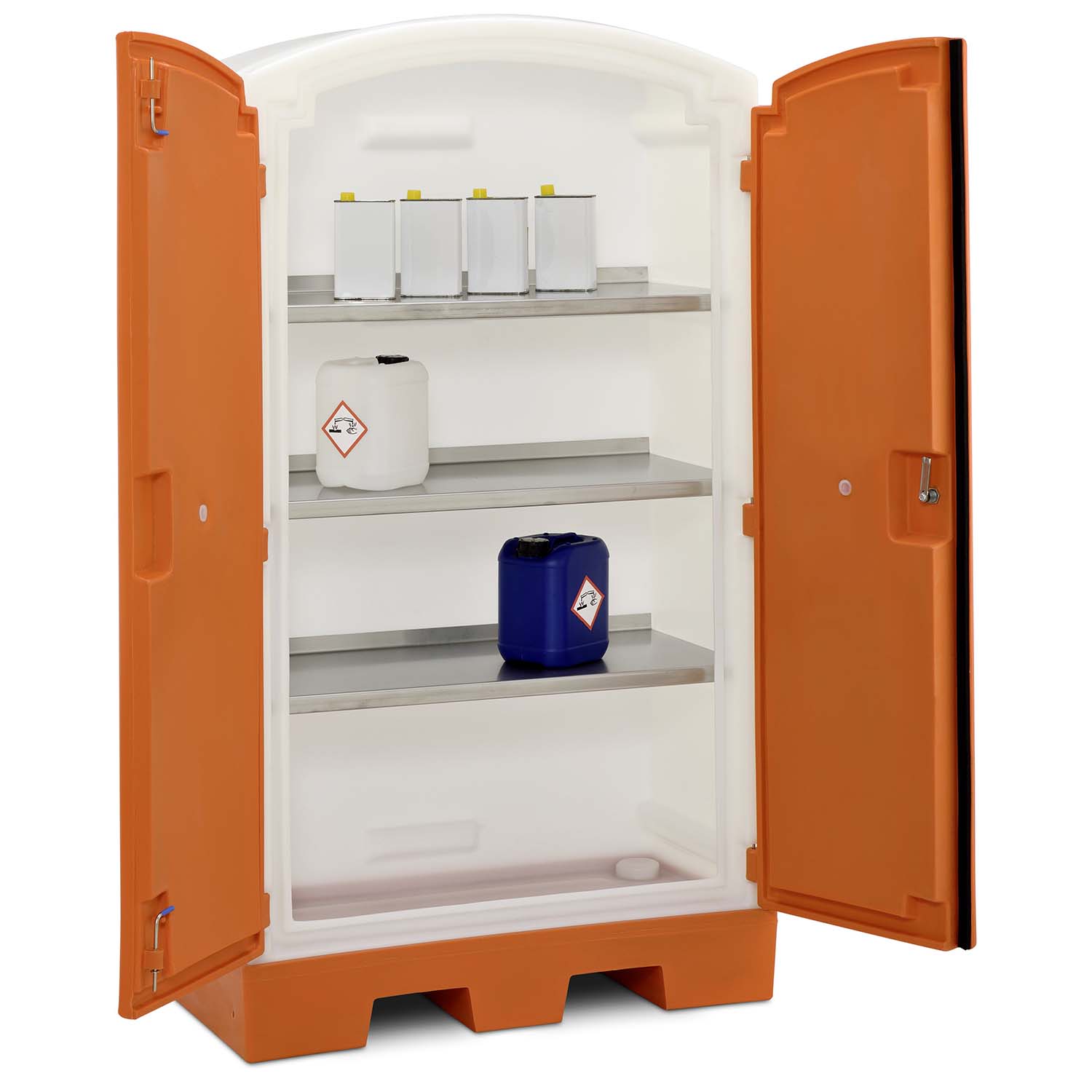 Umweltschrank aus PE mit Auffangwanne 28 l, 3 Fachböden aus Edelstahl, 990 x 500 x 1660 mm Umweltschrank Produktbild Umweltschrank aus PE mit Auffangwanne 28 l, 3 Fachböden aus Edelstahl, 990 x 500 x 1660 mm