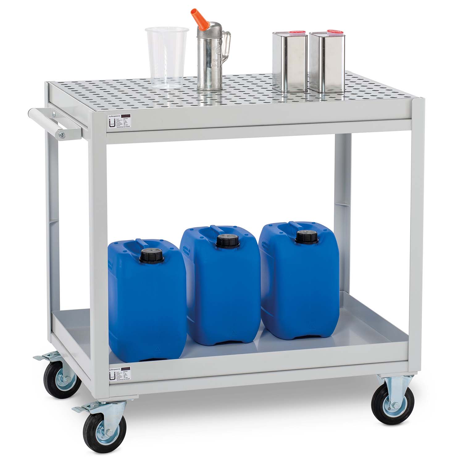 Werkstattwagen mit 2 Auffangwannen aus Stahl à 20 l, 990 x 610 x 920 mm, Schubgriff Fahrbare Auffangwannen aus Stahl Produktbild Werkstattwagen mit 2 Auffangwannen aus Stahl à 20 l, 990 x 610 x 920 mm, Schubgriff