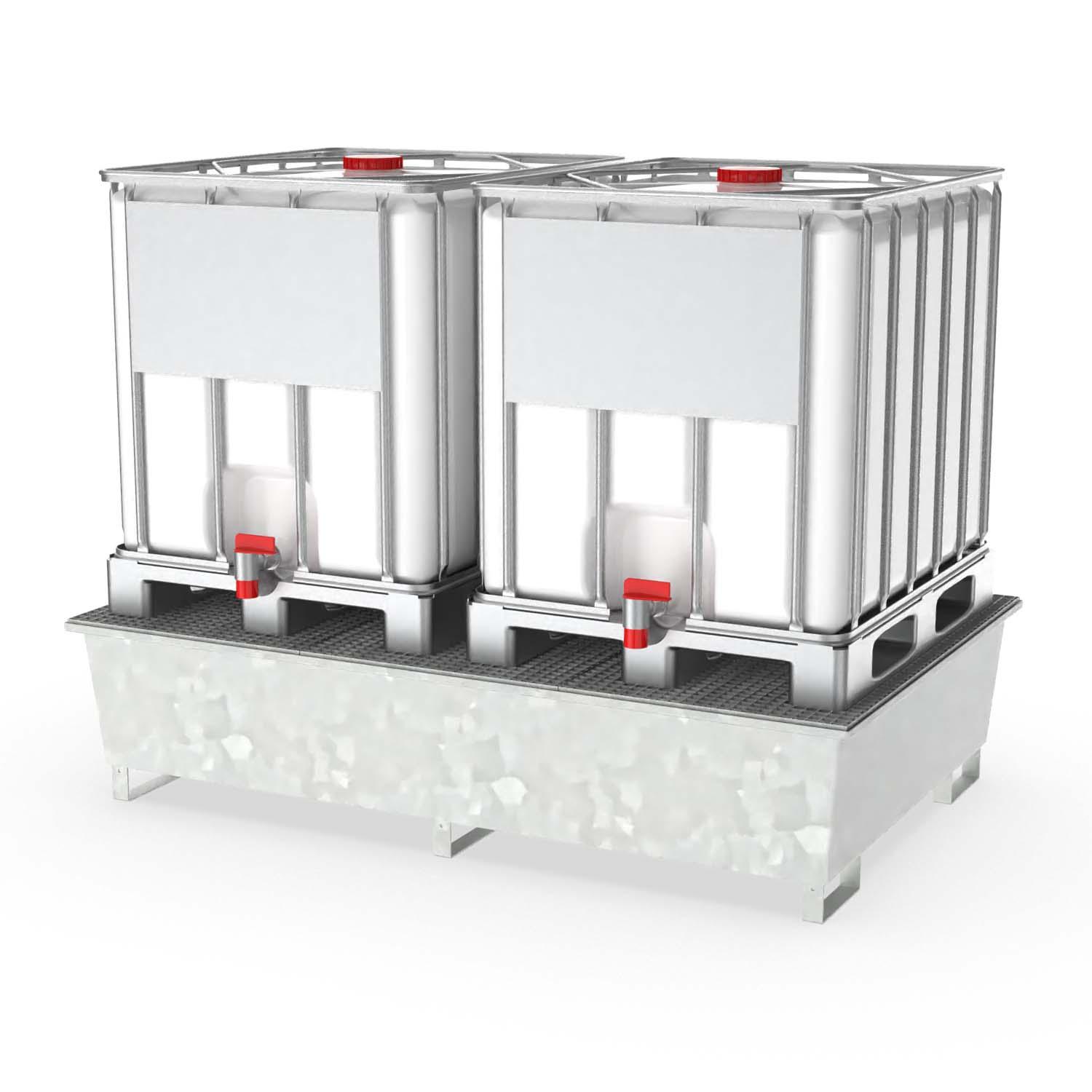 Auffangwanne aus Stahl für 2 x 1000 l IBC, mit Gitterrost, verzinkt, 2200x1400x510 mm
