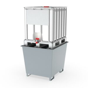 Auffangwanne aus Stahl für 1 IBC mit Gitterrost, Auffangvolumen 1000 l, 1300x1370x710mm Auffangwannen aus Stahl Produktbild Auffangwanne aus Stahl economy-line für 1 x 1000 l IBC, lackiert, mit Auflageprofilen, 1300x1120x1050mm