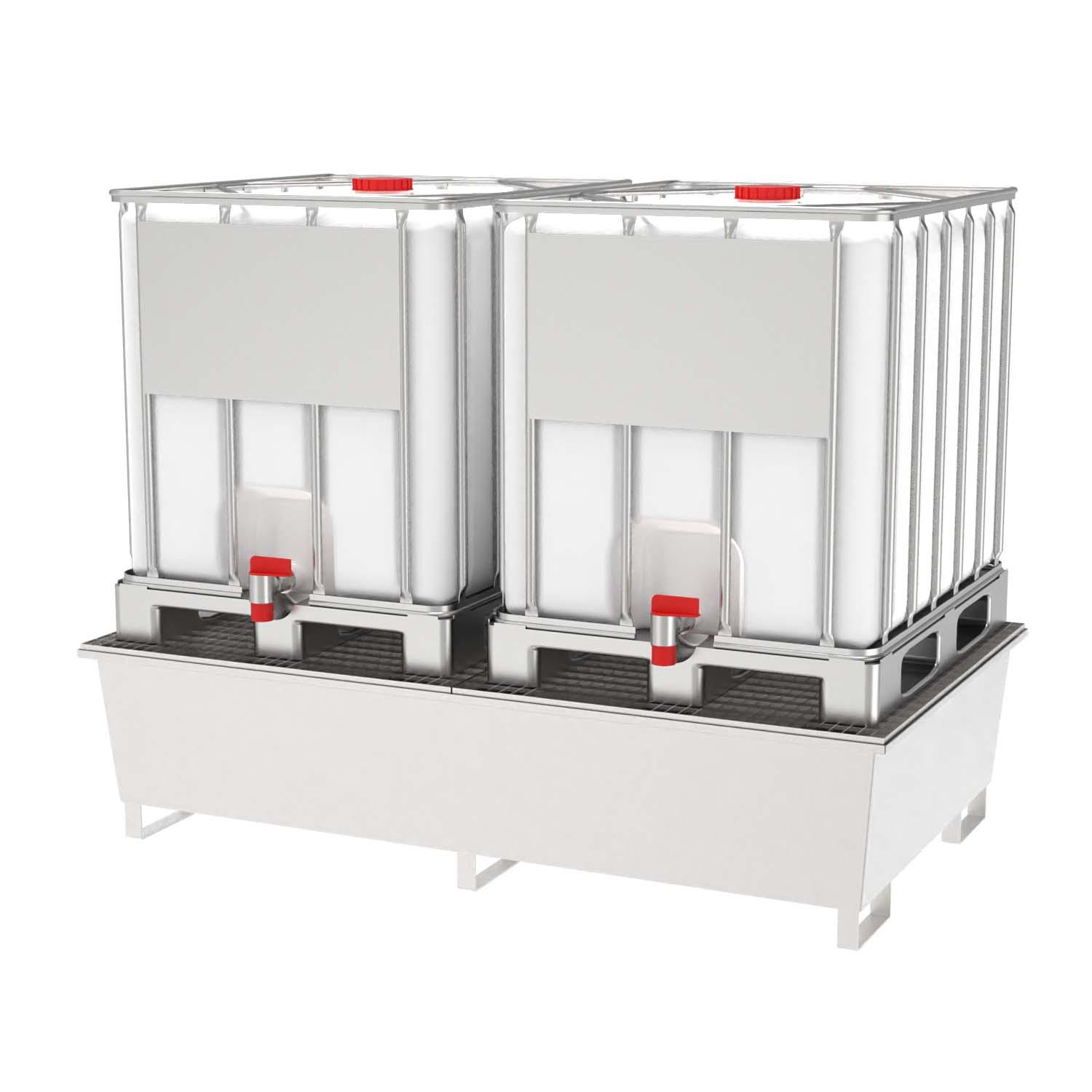 Auffangwanne aus Edelstahl für 2 IBC, Auffangvolumen 1000 l, 2200x1300x530mm Auffangwannen aus Edelstahl Produktbild Auffangwanne aus Edelstahl für 2 IBC mit Edelstahl-Gitterrost, Auffangvolumen 1000 l, 2200x1300x530 mm