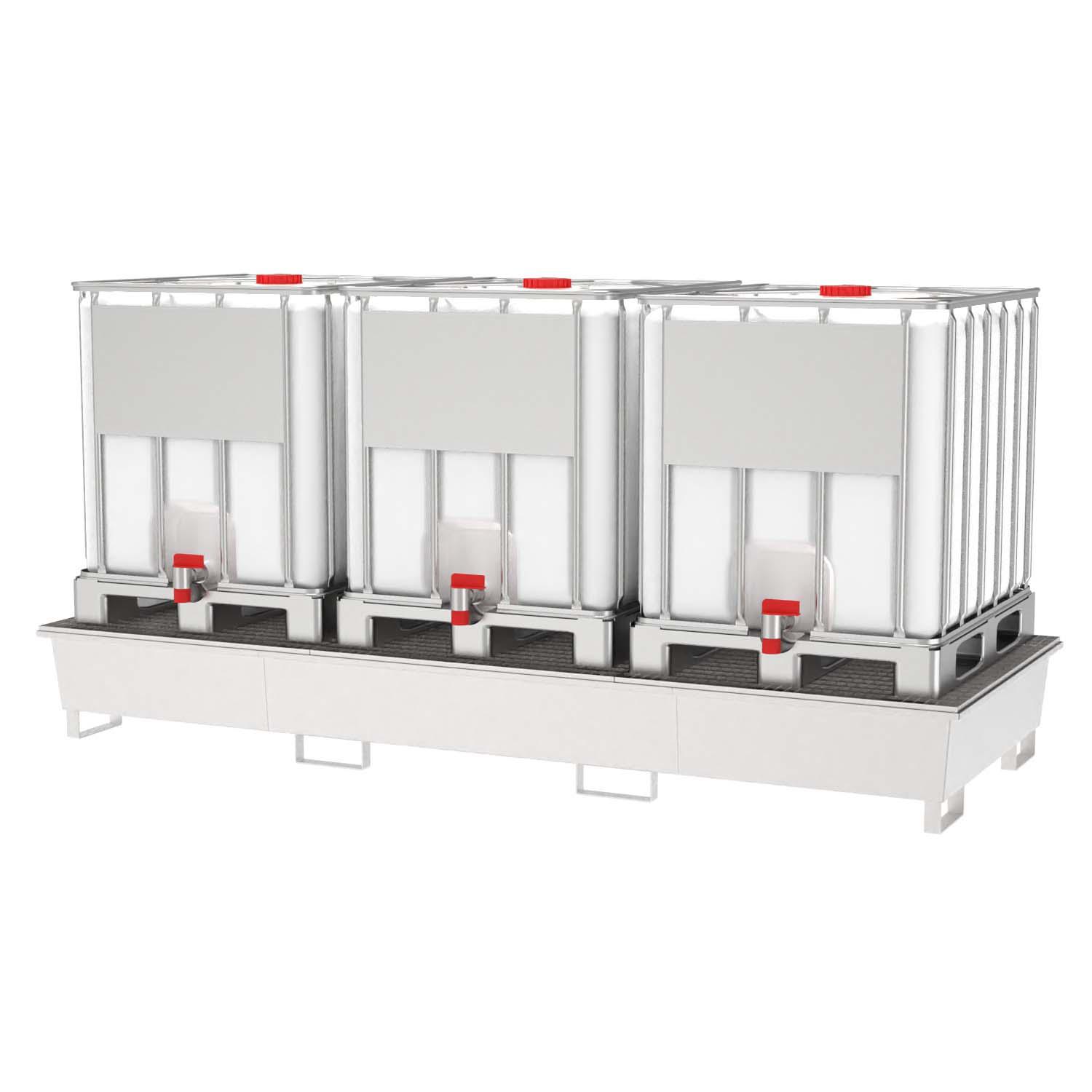 Auffangwanne aus Edelstahl für 3 IBC, Auffangvolumen 1000 l, 3280x1300x400mm Auffangwannen aus Edelstahl Produktbild Auffangwanne aus Edelstahl für 3 IBC mit Edelstahl-Gitterrost, Auffangvolumen 1000 l, 3280x1300x400 mm
