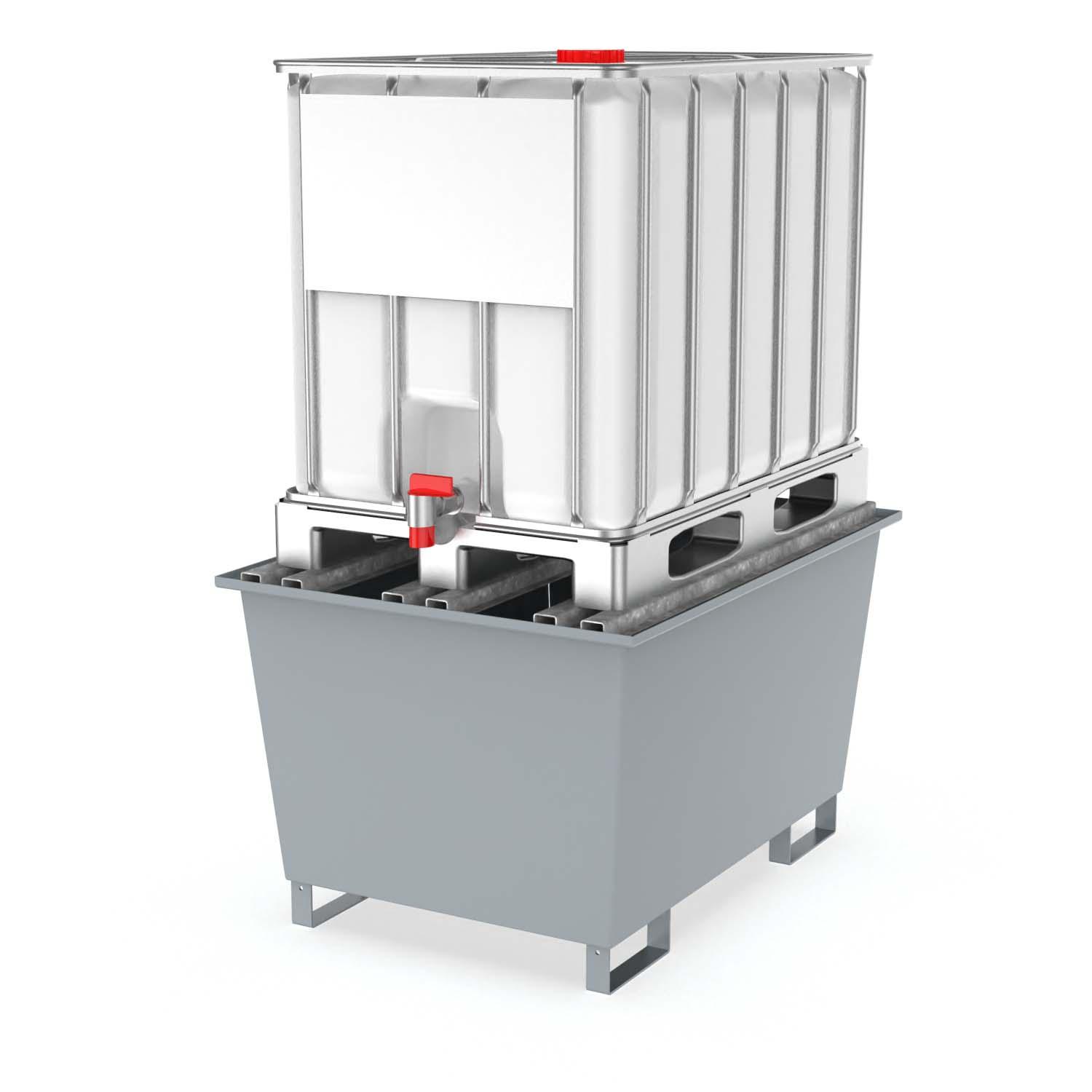 Auffangwanne aus Stahl economy-line für 1 x 600 l IBC, lackiert, mit Auflageprofilen, 1300x950x770mm