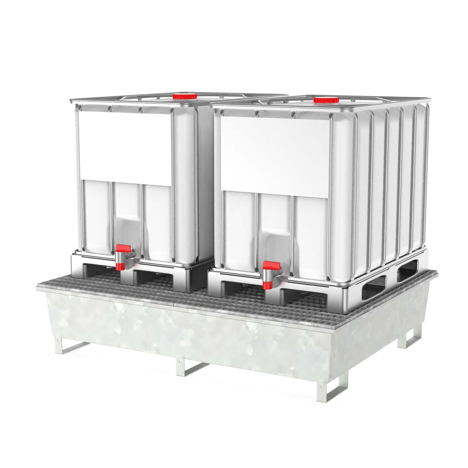 Auffangwanne aus Stahl für 2 x 600 l IBC, verzinkt, mit Gitterrost, 1800x950x400 mm