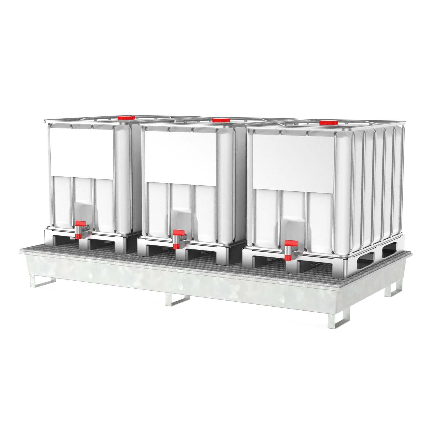 Auffangwanne aus Stahl für 3 x 600 l IBC, verzinkt, mit Gitterrost, 2690x1450x310 mm