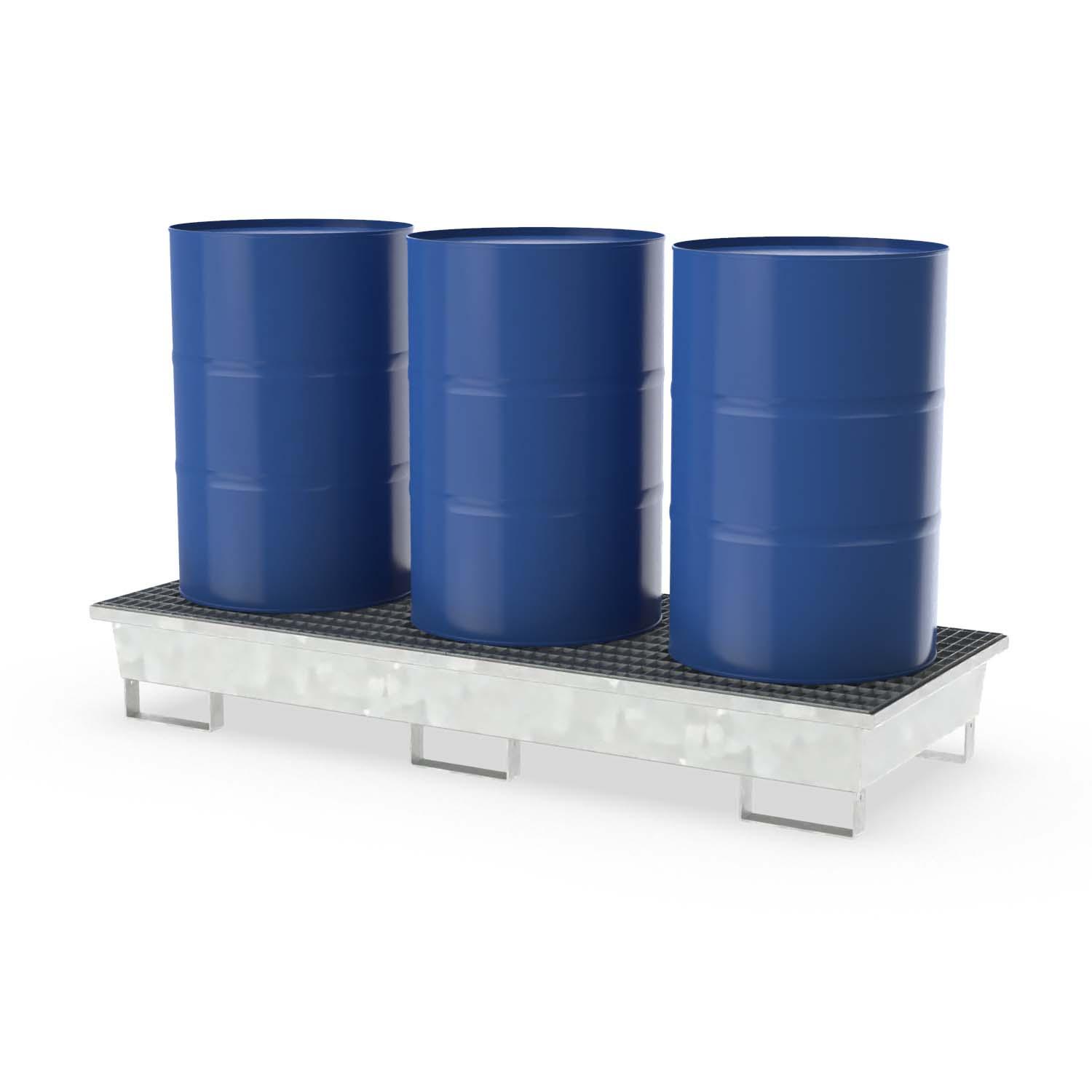 Auffangwanne aus Stahl für 3 x 200 l Fässer, mit Gitterrost, unterfahrbar, verzinkt