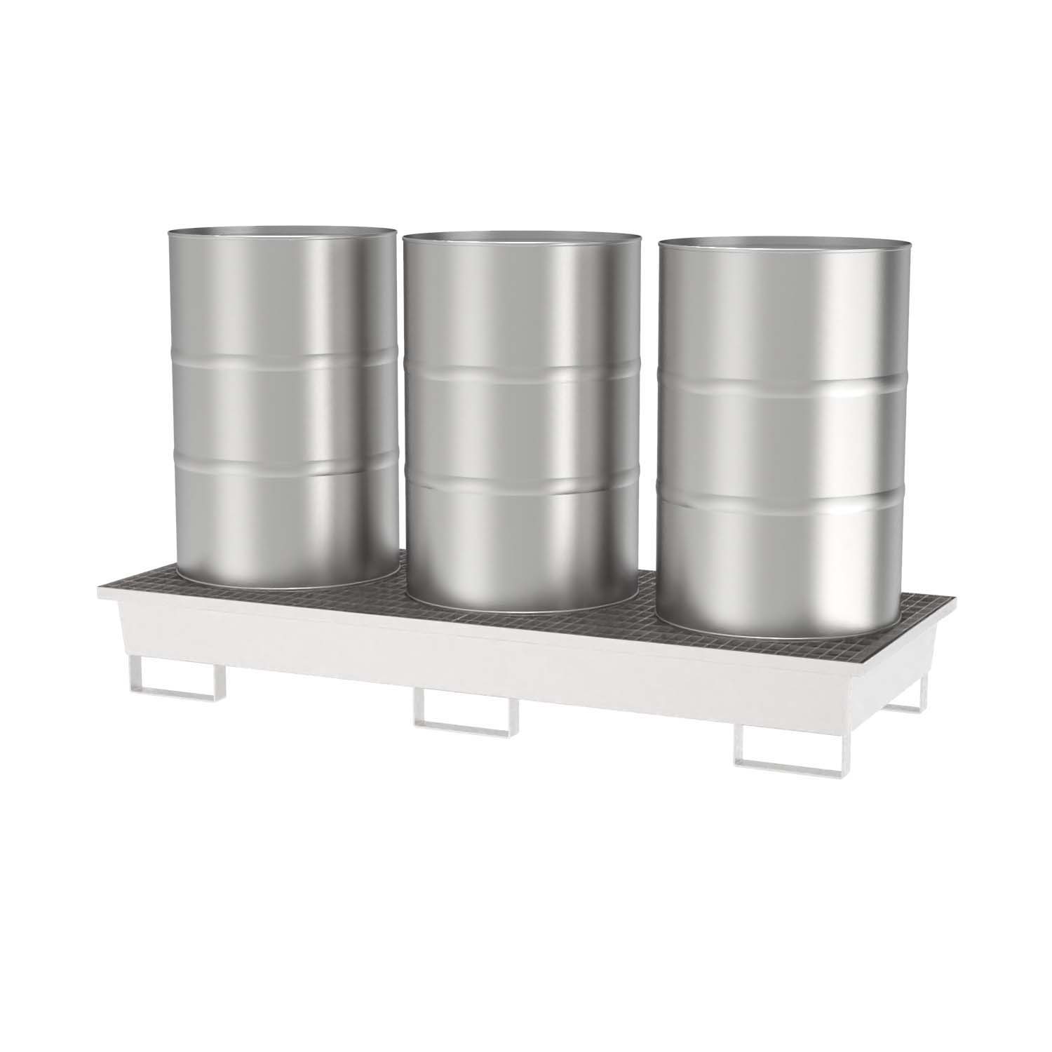 Auffangwanne aus Edelstahl für 3 x 200 l Fässer, Auffangvolumen 204 l, stapelbar