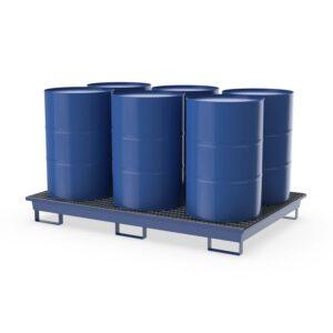 Auffangwanne aus Stahl für 6 x 200 l Fässer, mit Gitterrost, unterfahrbar, lackiert