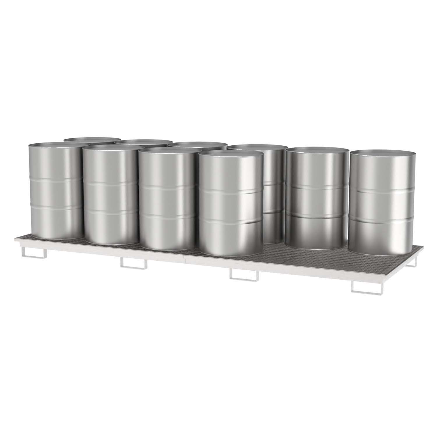 Auffangwanne aus Edelstahl für 12 x 200 l Fässer, Auffangvolumen 254 l, stapelbar