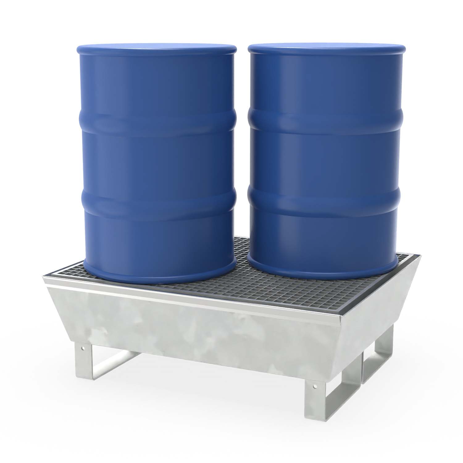 Auffangwanne aus Stahl für 2 x 60 l Fässer, mit Gitterrost, unterfahrbar, verzinkt