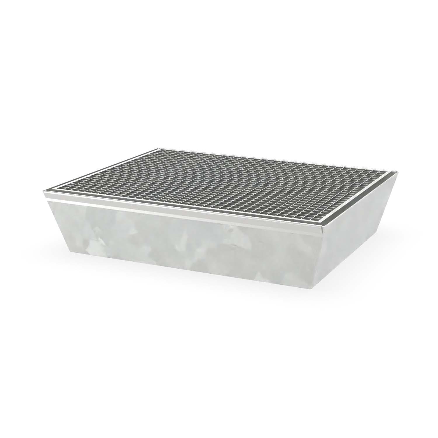 Paletten-Auffangwanne aus Stahl für 2 x 60 l Fässer, mit Gitterrost, verzinkt