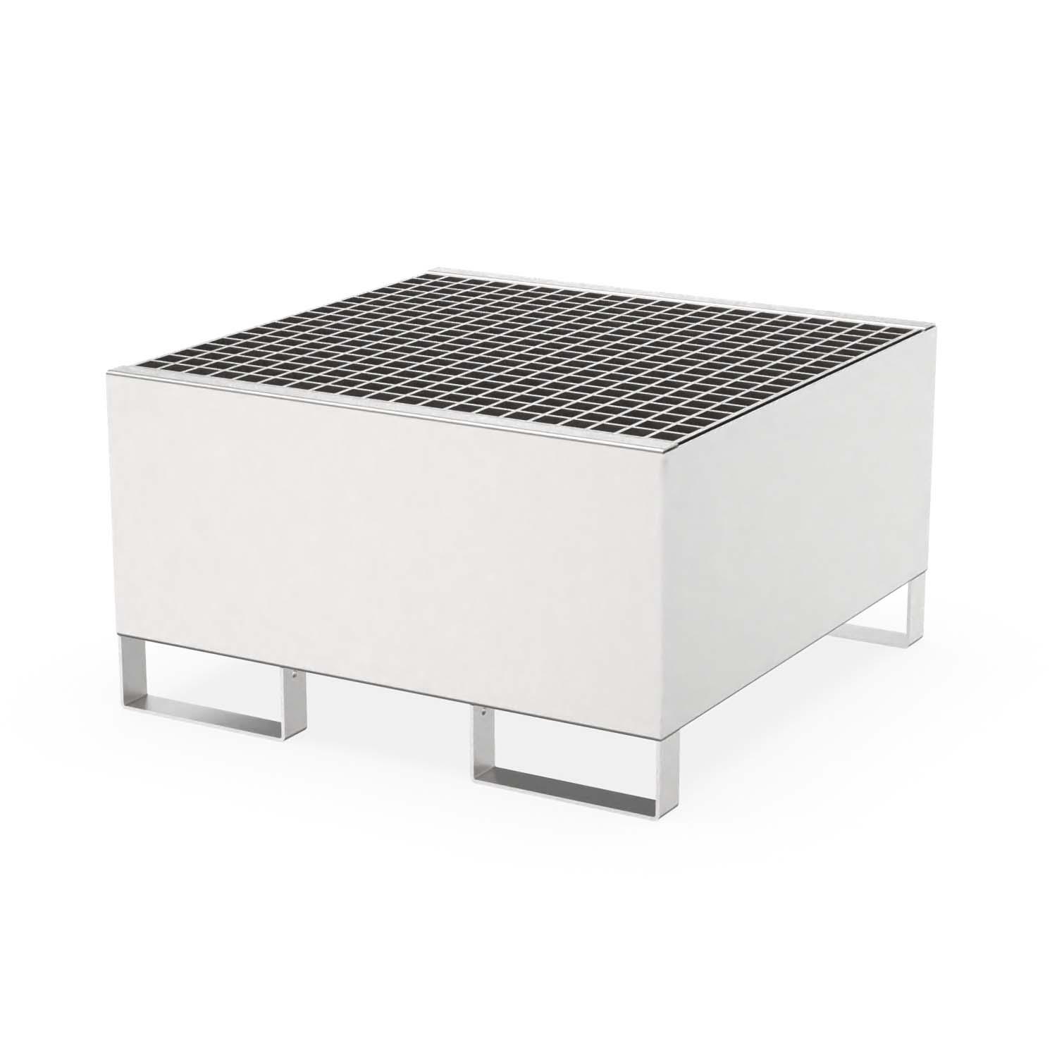 Auffangwanne aus Edelstahl für 1 x 200 l Fass, Auffangvolumen 200 l, 800x800x460mm Auffangwannen aus Edelstahl Produktbild Auffangwanne aus Edelstahl für 1 x 200 l Fass, Auffangvolumen 200 l