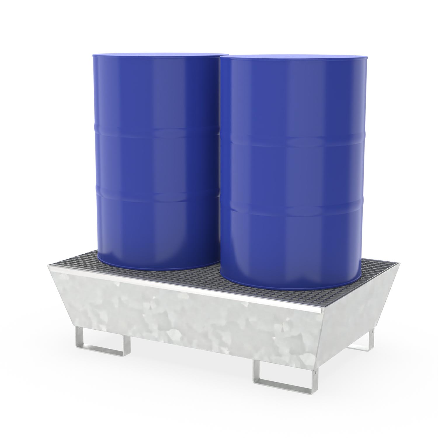 Auffangwanne aus Stahl für 2 x 200 l Fässer, mit Gitterrost, unterfahrbar, verzinkt