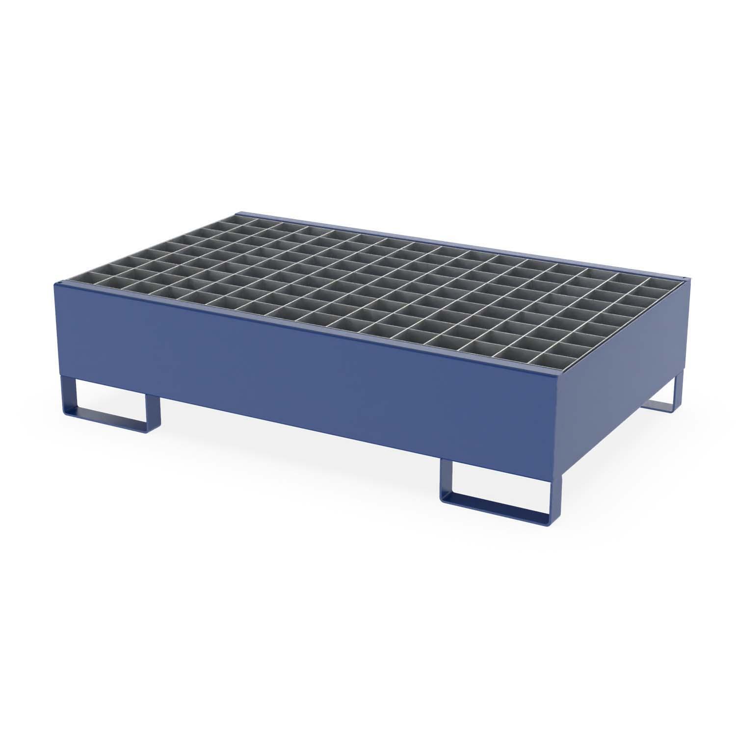 Auffangwanne aus Stahl für 2 x 200 l Fässer, mit Gitterrost, unterfahrbar, 1300x800x335mm Auffangwannen aus Stahl Produktbild Auffangwanne aus Stahl für 2 x 200 l Fässer, mit Gitterrost, unterfahrbar