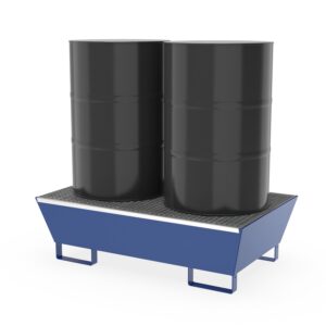 Auffangwanne aus Stahl für 2 x 200 l Fässer, mit Gitterrost, unterfahrbar, lackiert