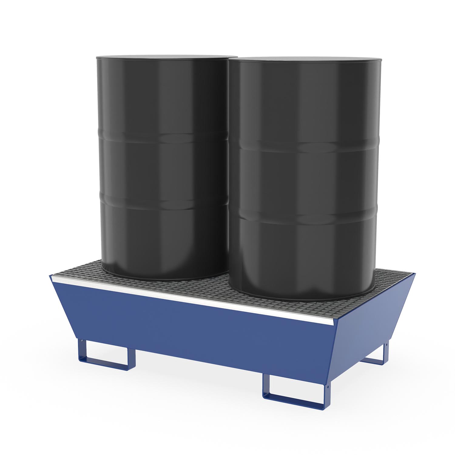 Auffangwanne aus Stahl für 2 x 200 l Fässer, mit Gitterrost, unterfahrbar, lackiert