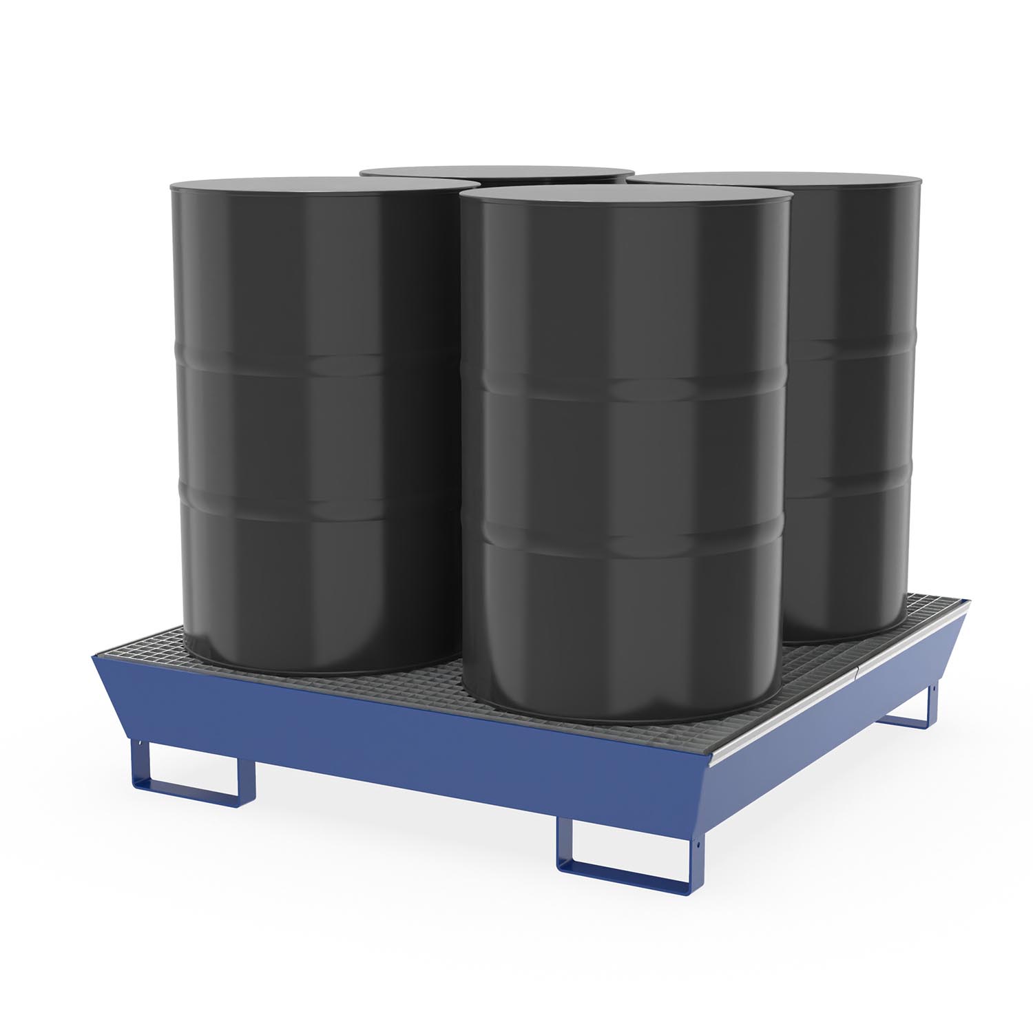 Auffangwanne aus Stahl für 4 x 200 l Fässer, mit Gitterrost, unterfahrbar, verzinkt