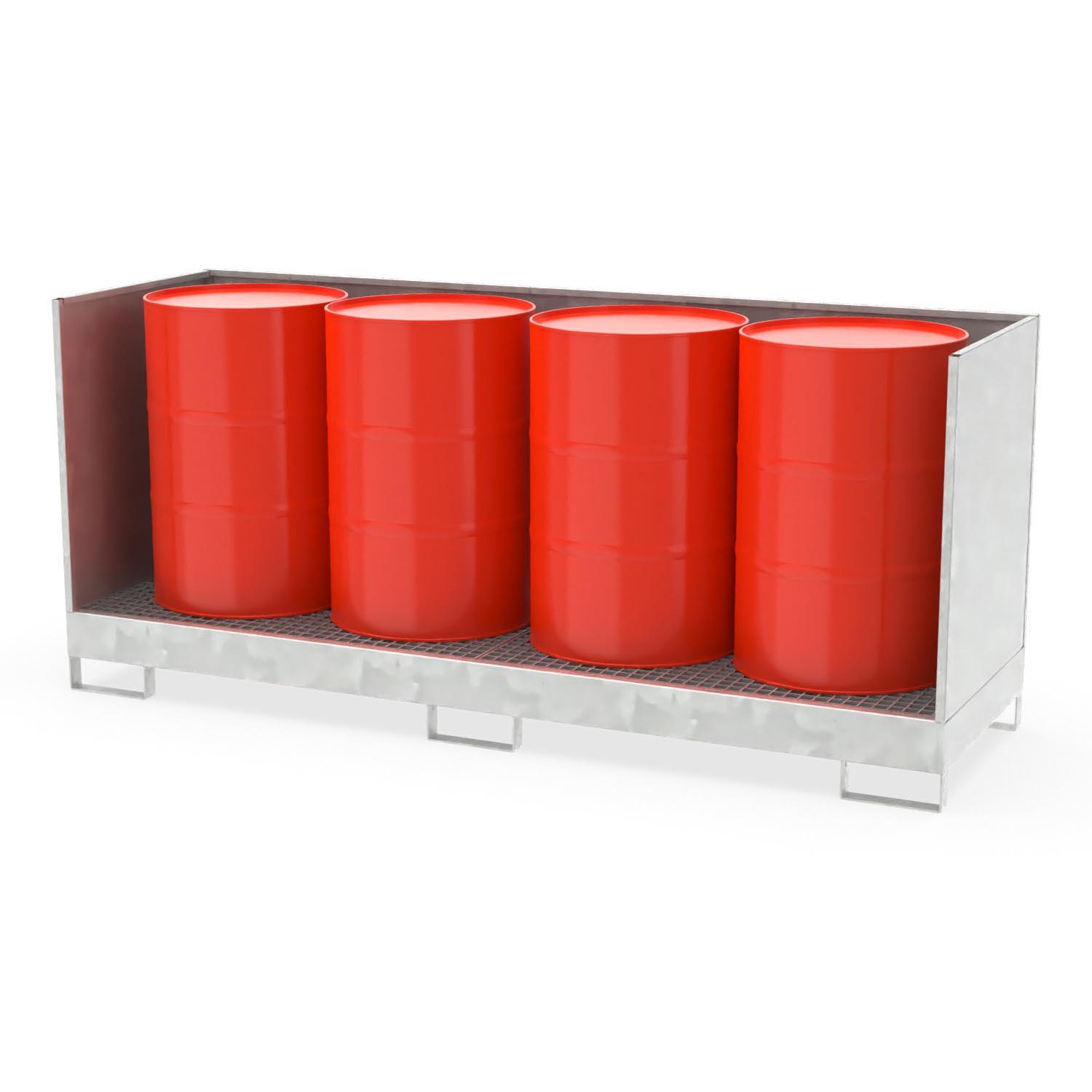 Auffangwanne aus Stahl für 4 x 200 l Fässer mit Garnitur steckbar, 3-teilig, verzinkt