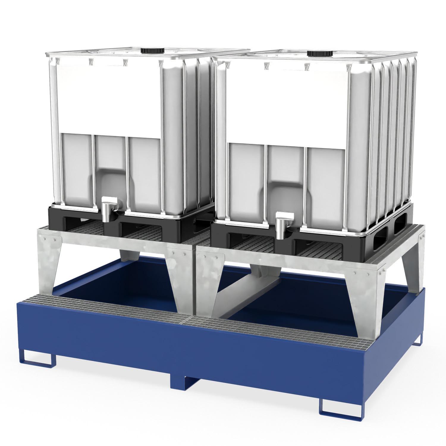Abfüllstation Auffangwanne aus Stahl für 2 IBCs, mit Abfüllpodest und Gitterrost