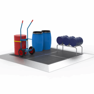 Bodenauffangwannen lassen sich flexibel zu einem großflächigen Gefahrstofflager kombinieren.