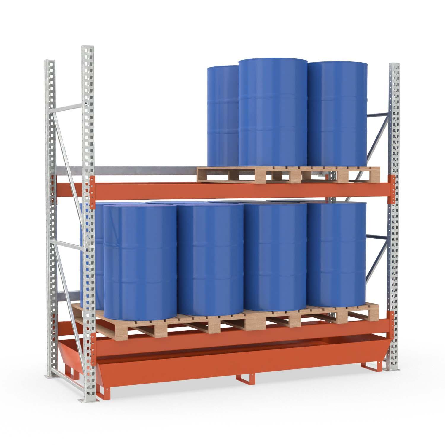 Palettenregal mit Auffangwanne aus Stahl für 16 Fässer, Grundeinheit