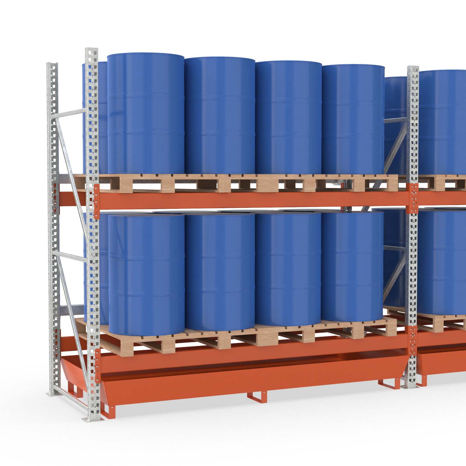Palettenregal mit Auffangwanne aus Stahl für 16 Fässer, Anbaueinheit