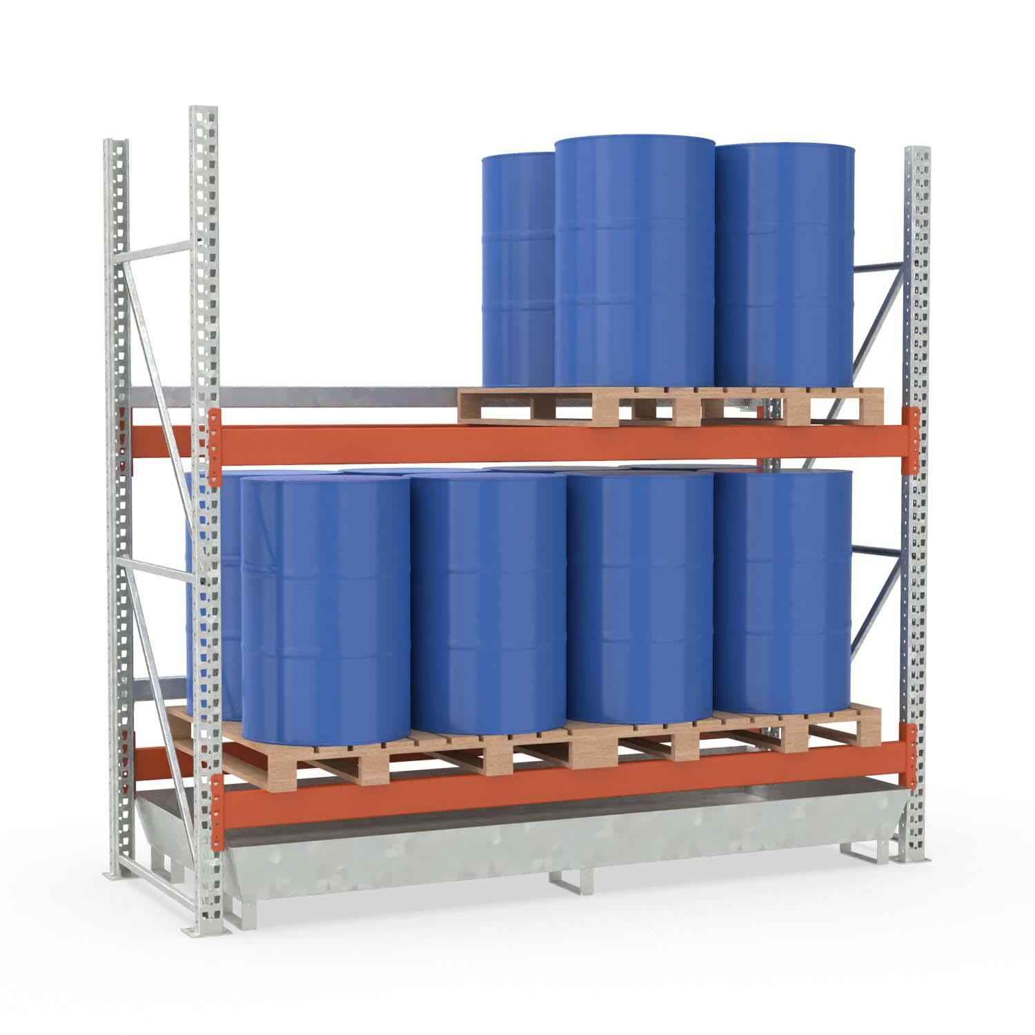 Palettenregal mit Auffangwanne aus Stahl für 16 Fässer, Grundeinheit