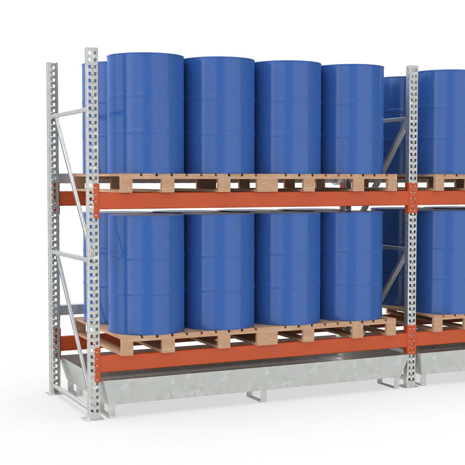 Palettenregal mit Auffangwanne aus Stahl für 16 Fässer, Anbaueinheit