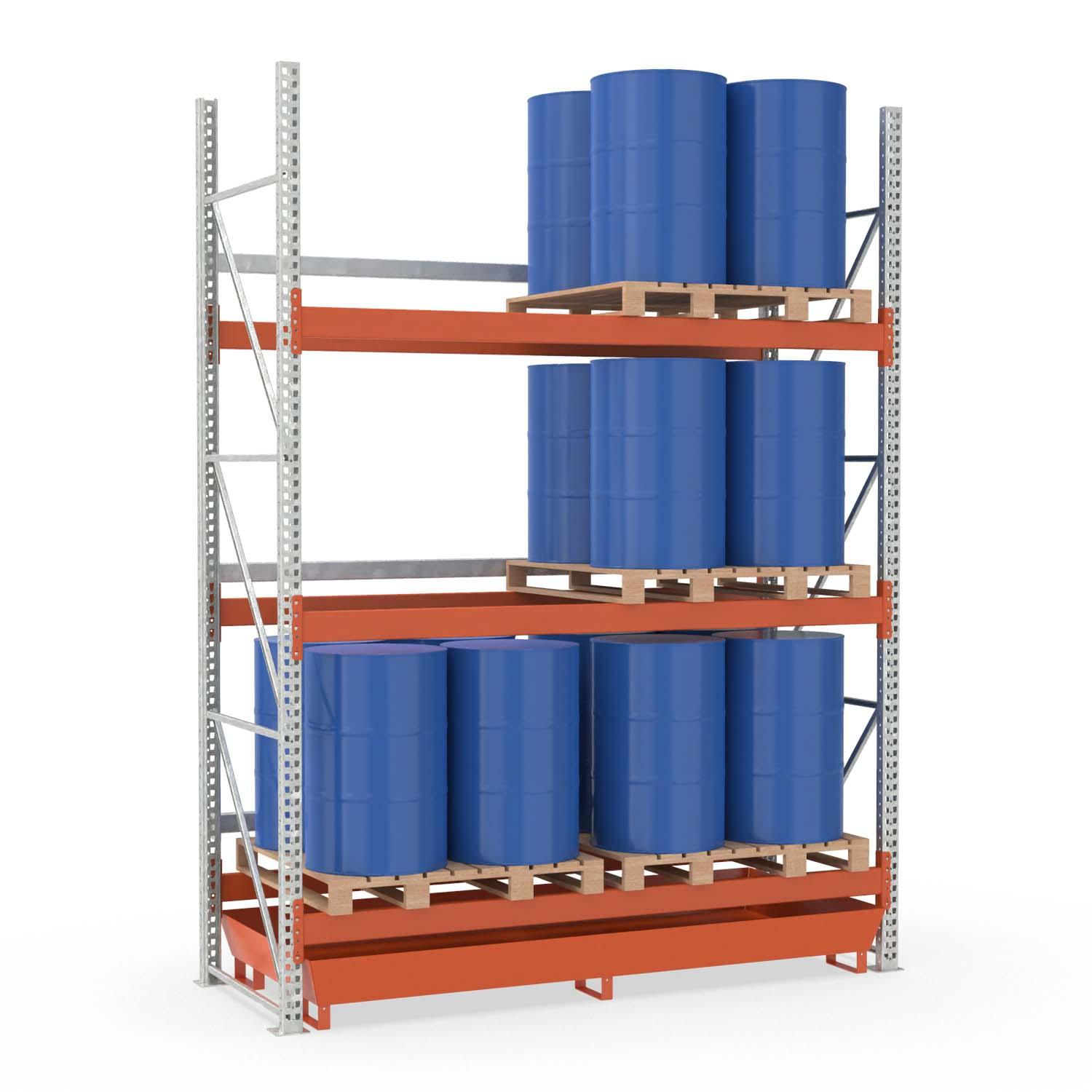 Palettenregal mit Auffangwanne aus Stahl für 24 Fässer, Grundeinheit Palettenregale mit Auffangwanne Produktbild Palettenregal mit Auffangwanne aus Stahl für 24 Fässer, Grundeinheit