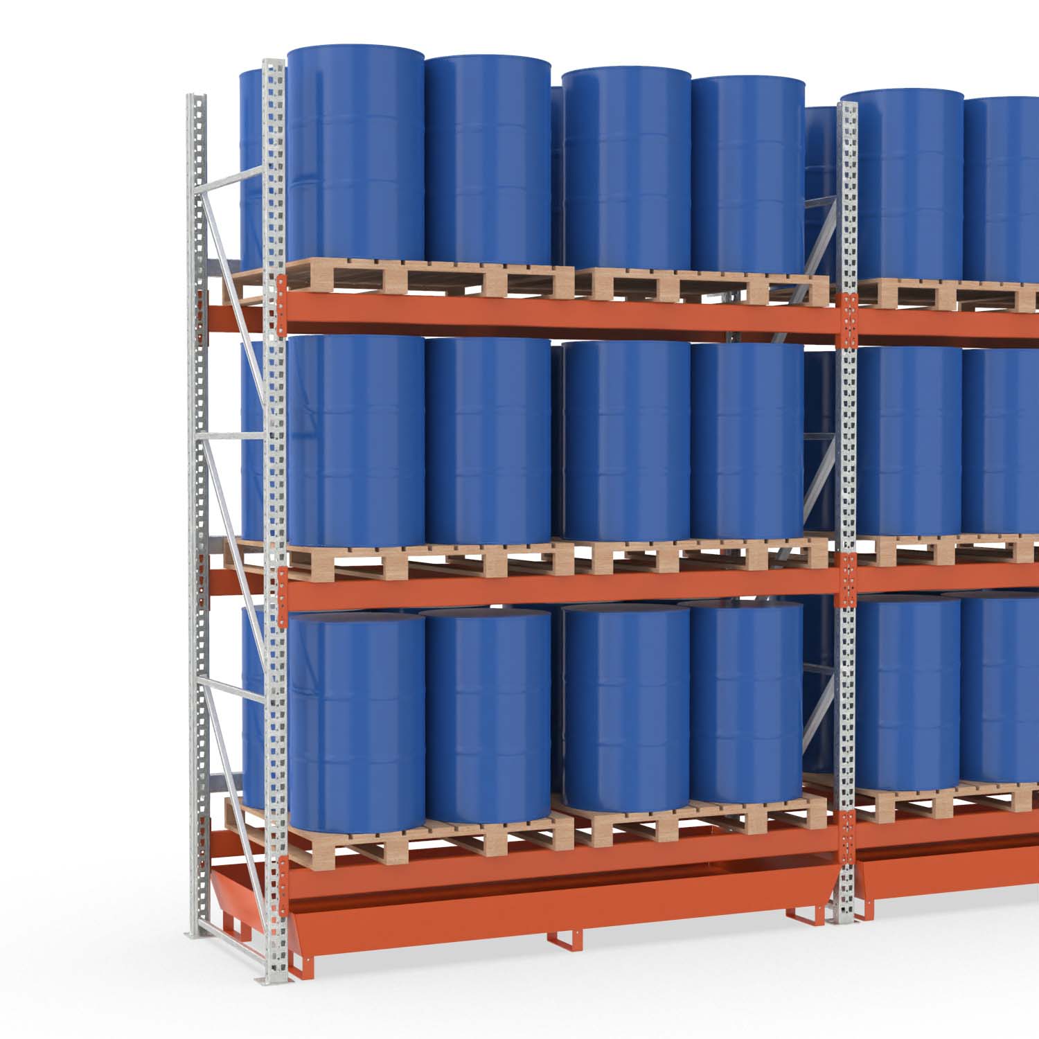 Palettenregal mit Auffangwanne aus Stahl für 24 Fässer, Anbaueinheit