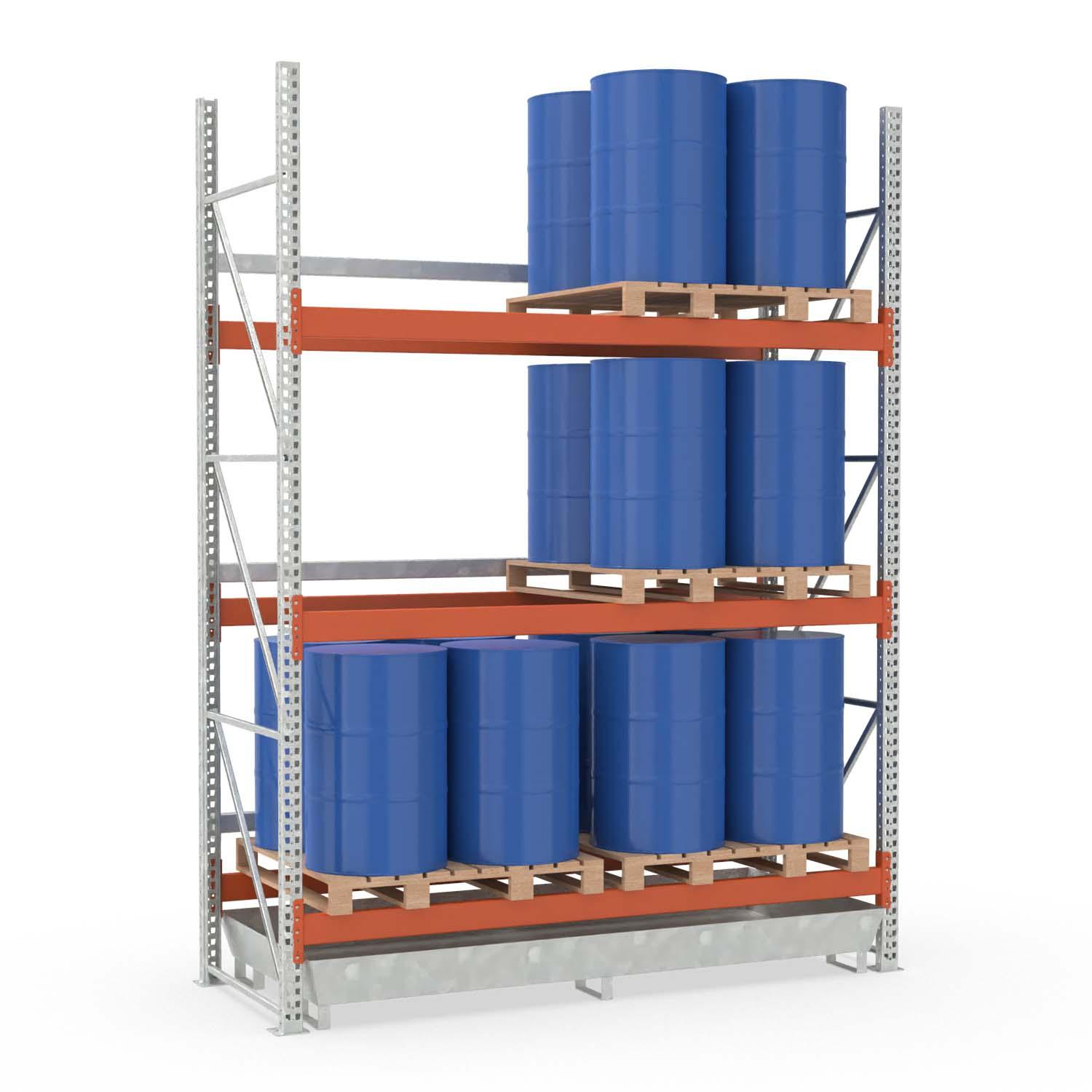 Palettenregal mit Auffangwanne aus Stahl für 24 Fässer, Grundeinheit
