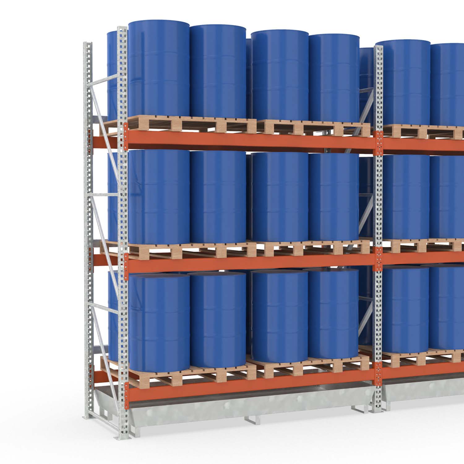 Palettenregal mit Auffangwanne aus Stahl für 24 Fässer, Anbaueinheit