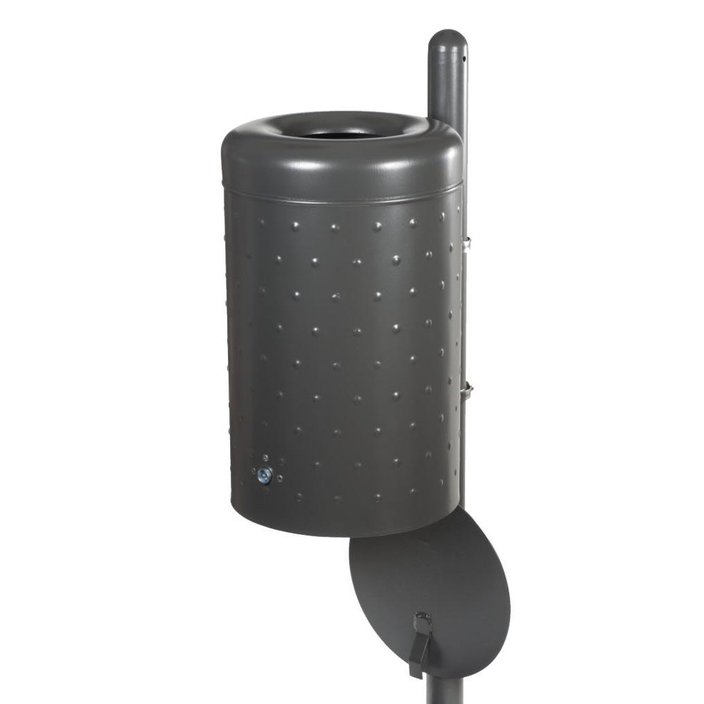 Rund-Abfallbehälter aus Stahl, Volumen 50 l, zur Wand- oder Pfostenbefestigung, Noppenblech-Design