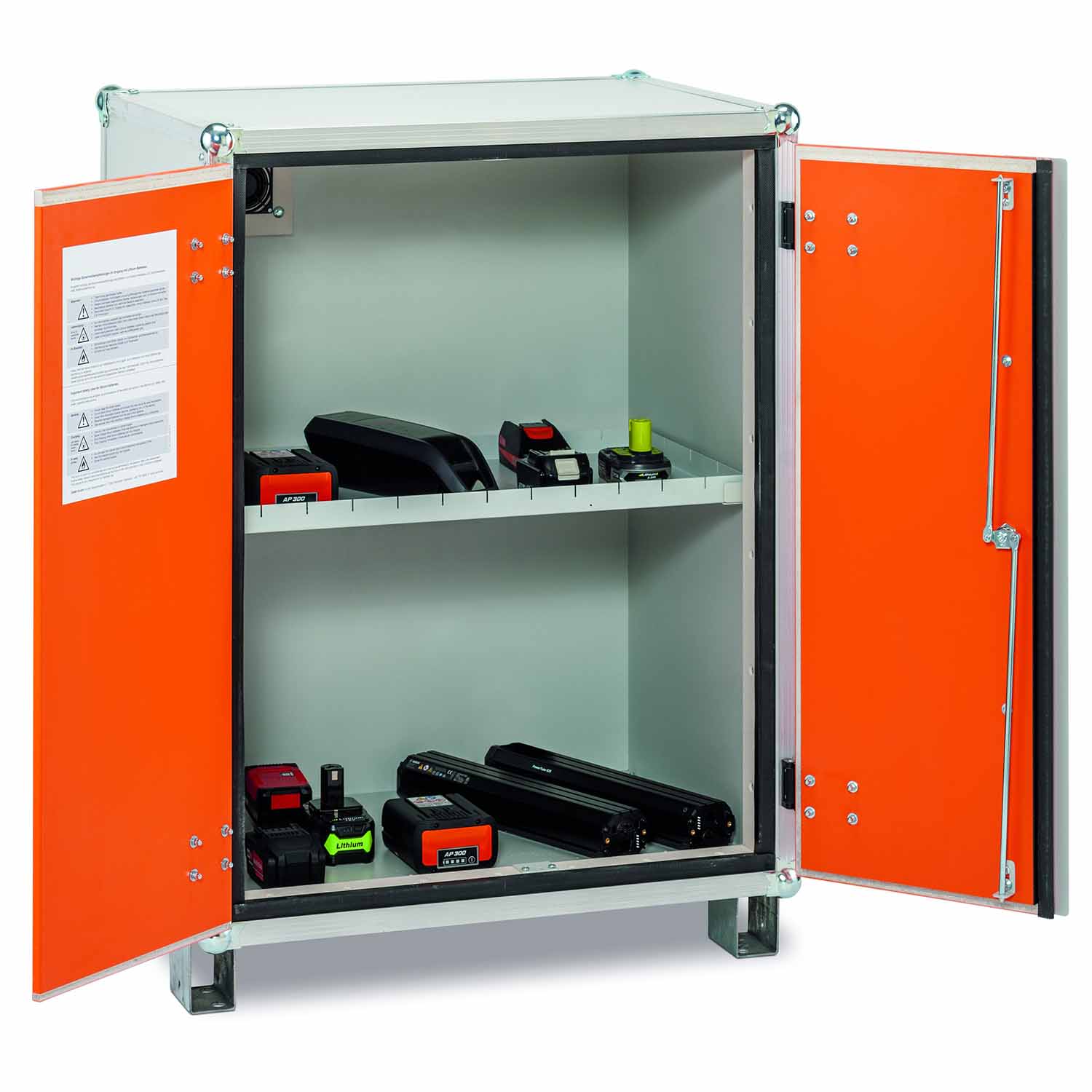 Lithium-Akku-Schrank für Laden und Lagern, Breite 800 mm, Höhe 1110 mm, 2 Rauchmelder, mit Stellfüßen