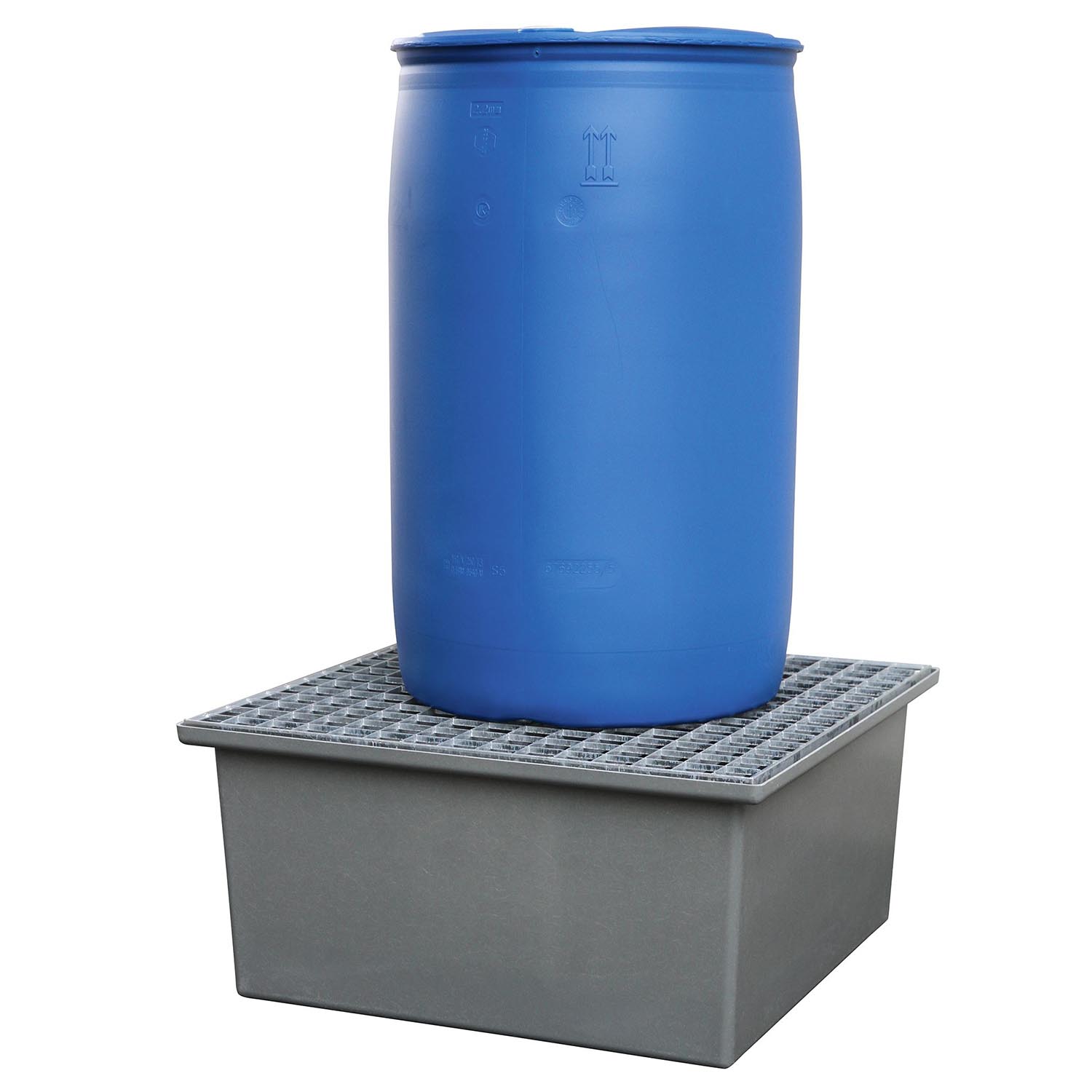 Auffangwanne aus GFK für 1 x 200 l Fässer, Volumen 220 l, mit Gitterrost, ohne Füße, ohne Zulassung