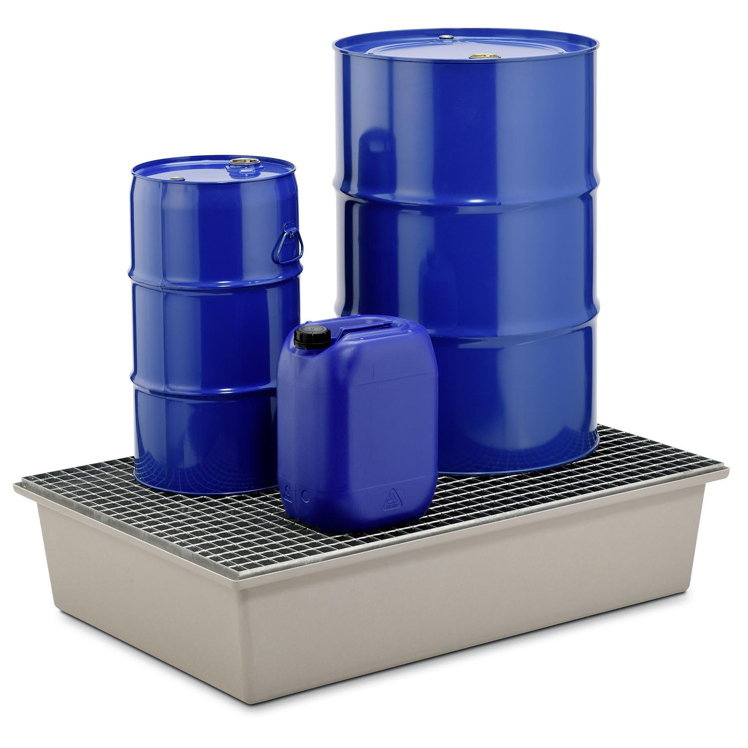 Auffangwanne aus GFK/RC für 2 x 200 l Fässer, Volumen 220 l, mit Gitterrost, ohne Füße, ohne Zulassung