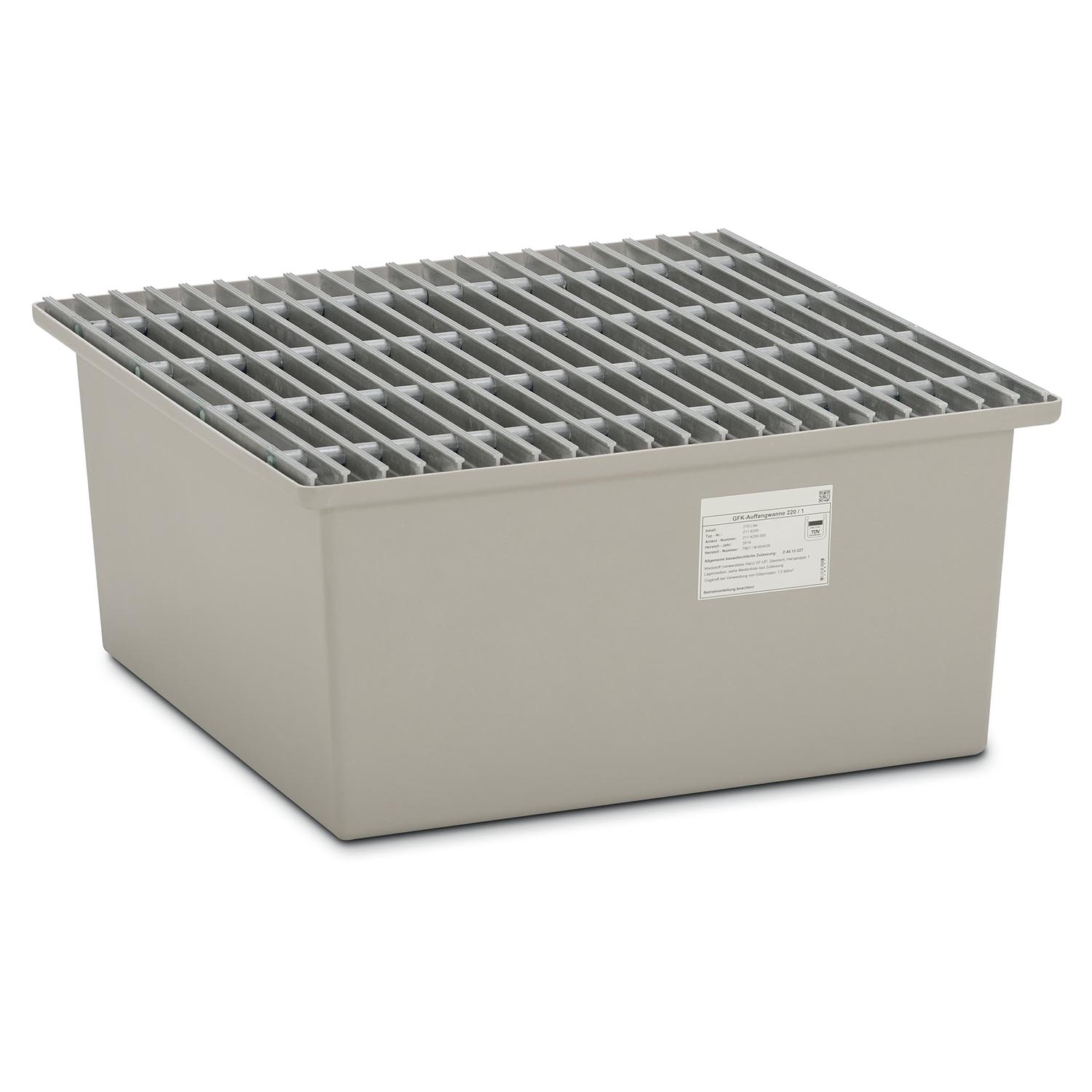 Auffangwanne aus GFK für 1 x 200 l Fass, Volumen 220 l, mit GFK-Gitterrost, ohne Füße, mit Zulassung