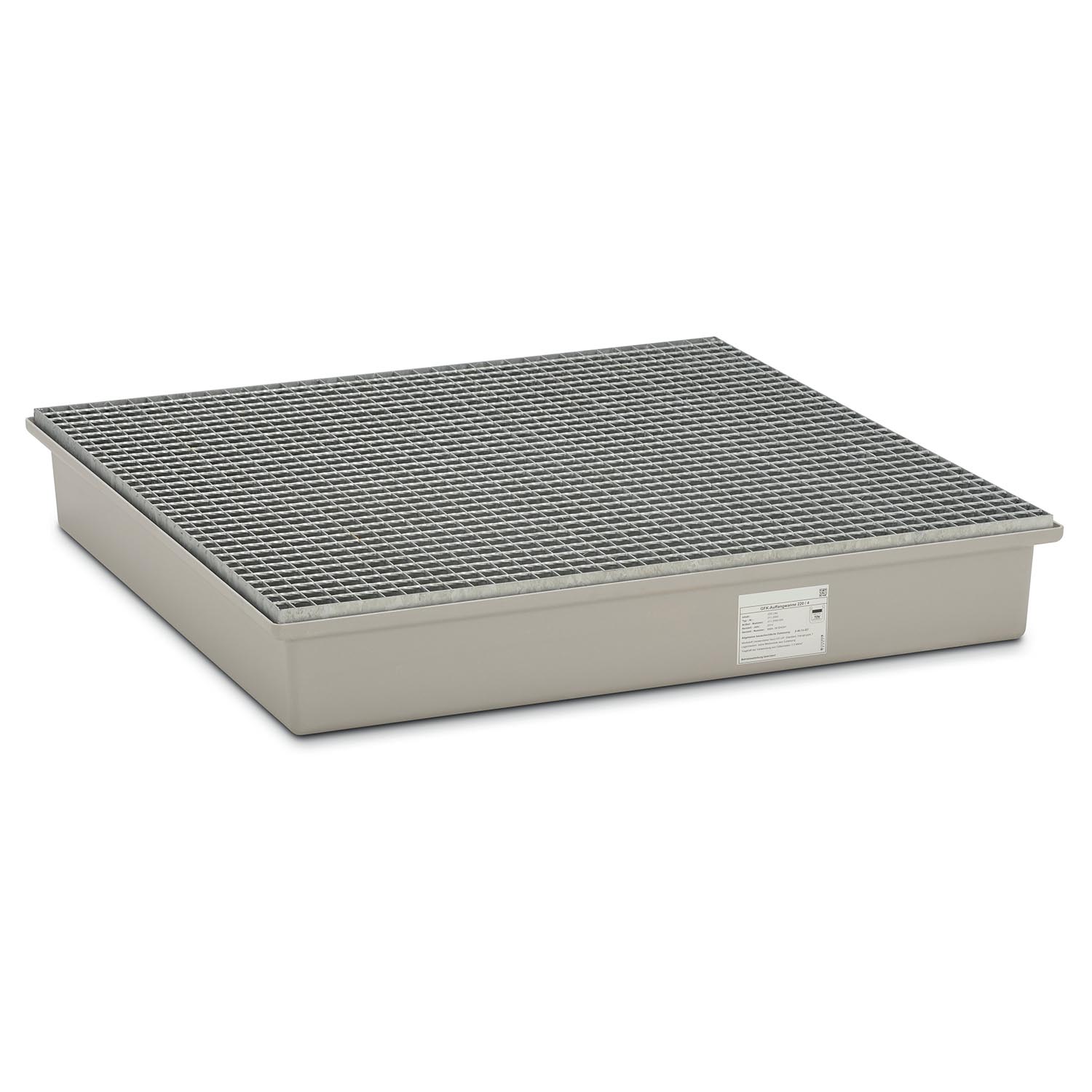 Auffangwanne aus GFK für 4 x 200 l Fässer, Volumen 220 l, mit Gitterrost, ohne Füße, mit Zulassung