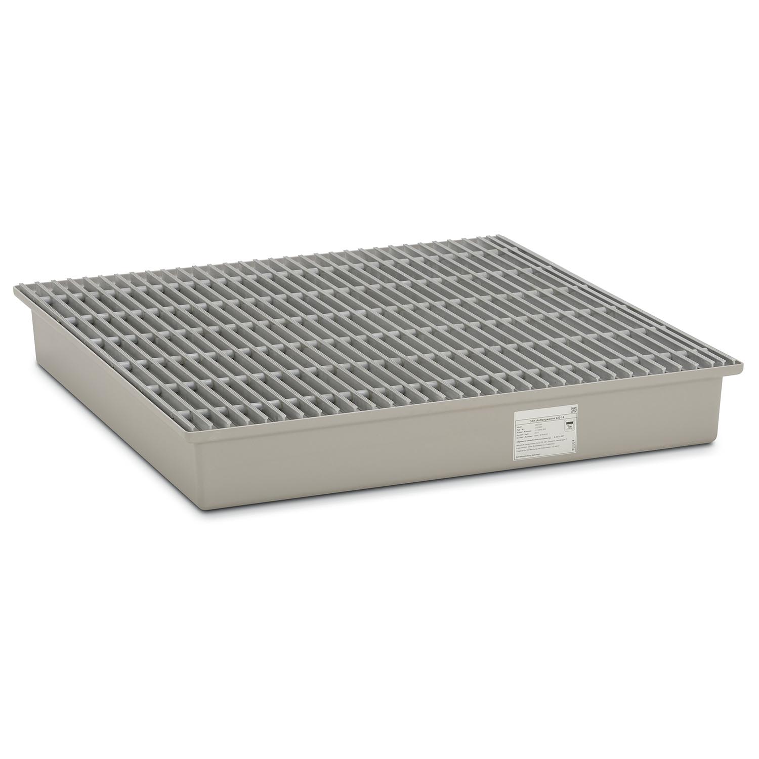 Auffangwanne aus GFK für 4 x 200 l Fässer, Volumen 220 l, mit GFK-Gitterrost, ohne Füße, mit Zulassung