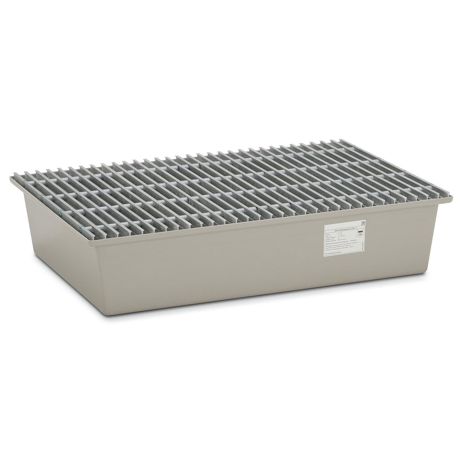 Auffangwanne aus GFK für 2 x 200 l Fässer, Volumen 220 l, mit GFK-Gitterrost, ohne Füße, mit Zulassung